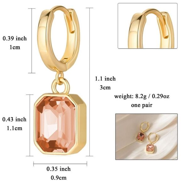 18K Yellow Gold with Champagne Topaz Crystal Dangling Octagon Huggie Earrings - Picture 7 of 7